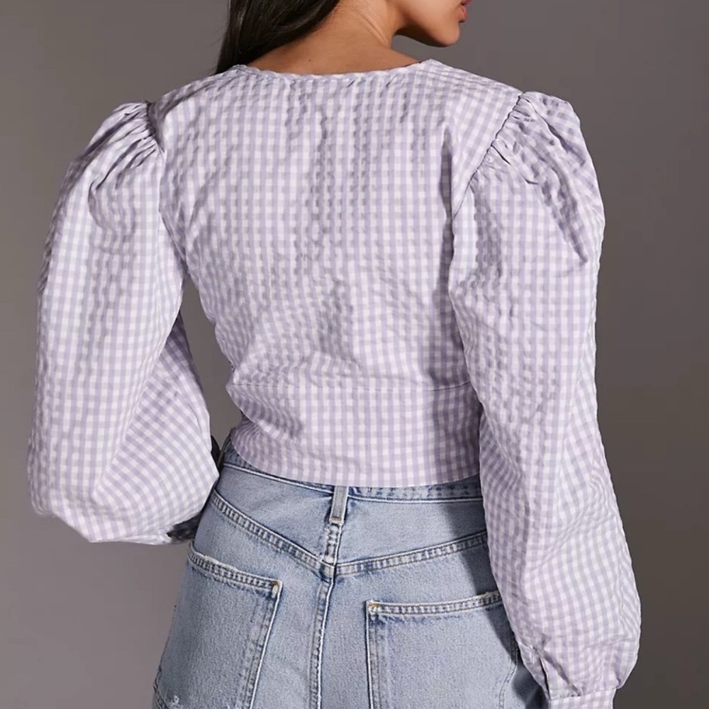 NWT Anthropologie Maeve Cropped Gingham Blouse Lilac Lavender Size 8 - Picture 4 of 9